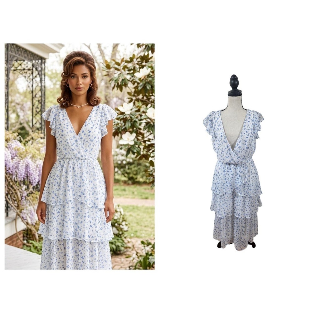 Sienna Sky Maxi Dress‎ Womens S White Blue Floral Tiered Ruffle Southern Bell